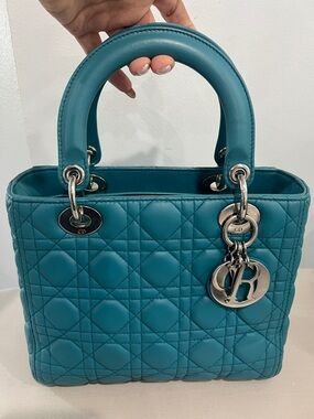 Dior Teal Cannage Quilted Lady Handbag with Silver Hardware